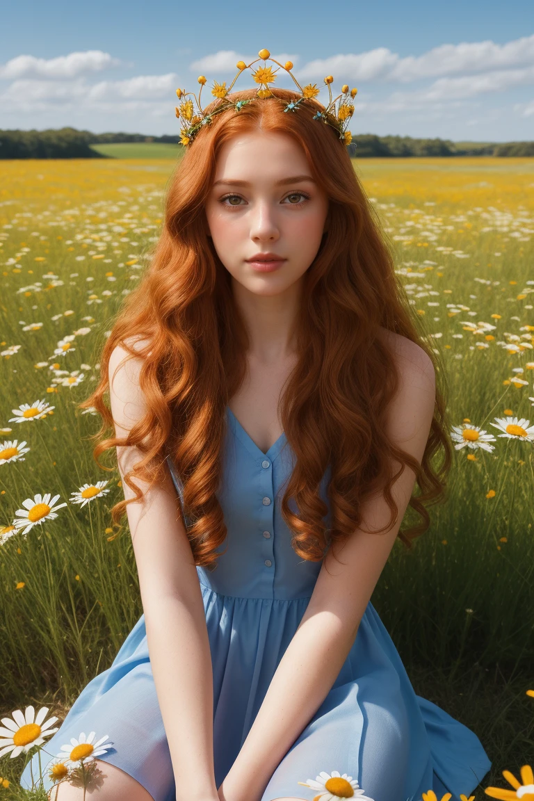 (girl:1.2),alone, (long curly ginger hair:1.1), Brown eyes, Wear a crown of daisies on your head., Sit in a field of daisies, (Fruit basquet:1.1), blue shorts, Red shirt,,RAW,photographic,photographic shadows,actual,ridiculous,aesthetic,elegant nude