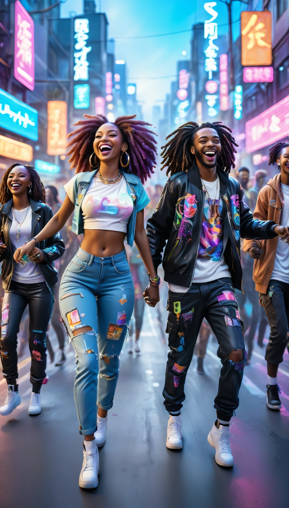 adult BLACK people dressed in urban clothes, In an urban landscape and holographic signs、HAPPY DANCING on the road. are drinking and laughing, The background is modern and cyberpunk, high tech vibe. Lovely Digital Painting, 3D rendering, Bright lighting, swirly vibrant colors. adult people, BEAUTIFUL black people, long  hair