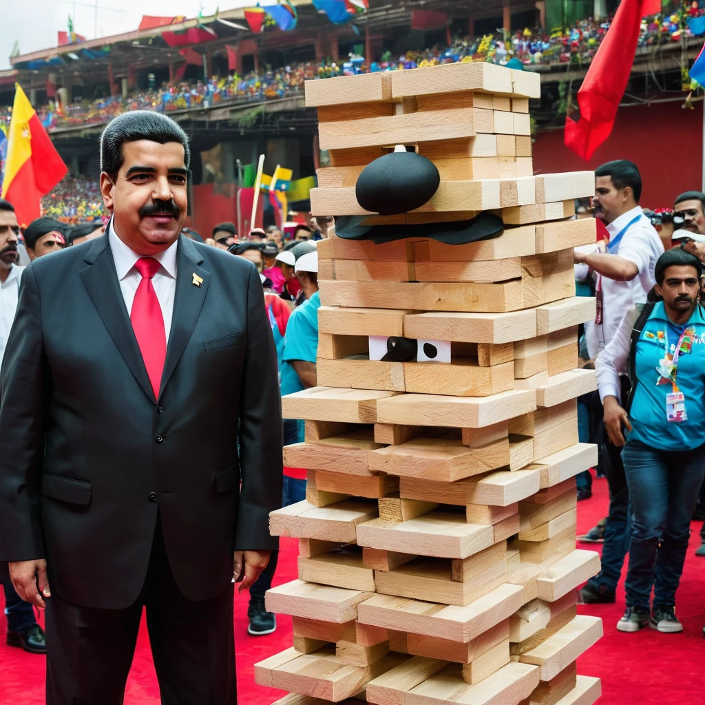 Nicolas Maduro wearing a poorly made jenga mascot costume made of recycled materials