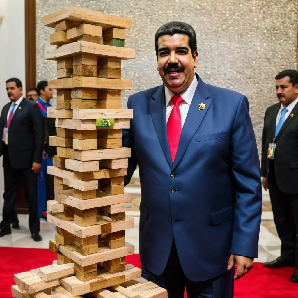 Nicolas Maduro wearing a poorly made jenga mascot costume made of recycled materials