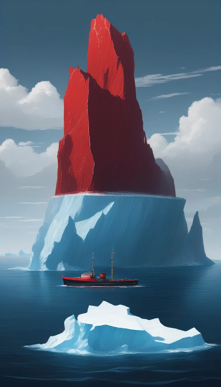 A very random illustration, which doesn't make any sense at all, A red iceberg in the middle of the ocean floating, Cinematically, This disgrace It has to be very realistic as fuck,