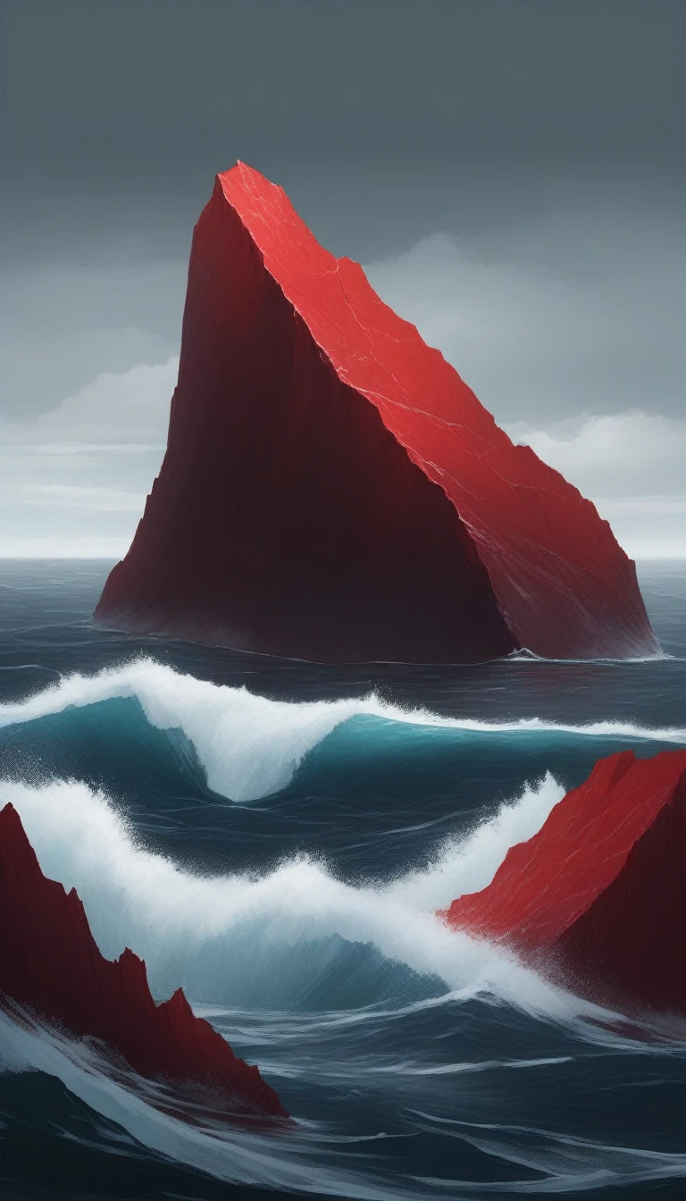 A very random illustration, which doesn't make any sense at all, A red iceberg in the middle of the ocean floating, Cinematically, This disgrace It has to be very realistic as fuck,