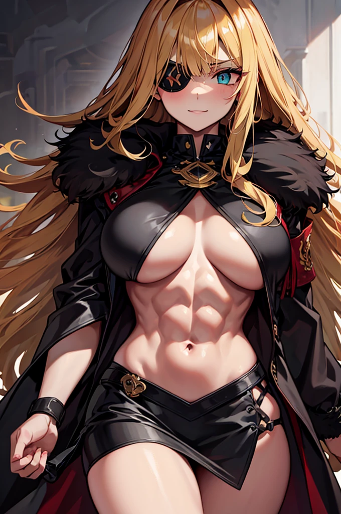 ((masterpiece)), ((best quality)), 1girl, adult, long hair, big bust, ((blonde hair)), very long blonde hair, ((intimidant look)), ((close-up)), profile image, green eyes, black and red clothes, sexy, dark colors, brillant eyes, ((coat with fur)), ((wavy hair)), exposed skin, ((sexy pose)), ((intimidant look)), good anatomy, ((dark sage clothes)), ((straight cut bangs)), emotionless, intimidant, ((beautiful eyes)), dark background, close up, ((detailed eyes)), beautiful eyes, ((detailed face)), hair bang, frontal look, evil, relaxed, smile, magical goddess othinus, abs, detailed face, eyepatch, huge tits, full body, ((detailed))