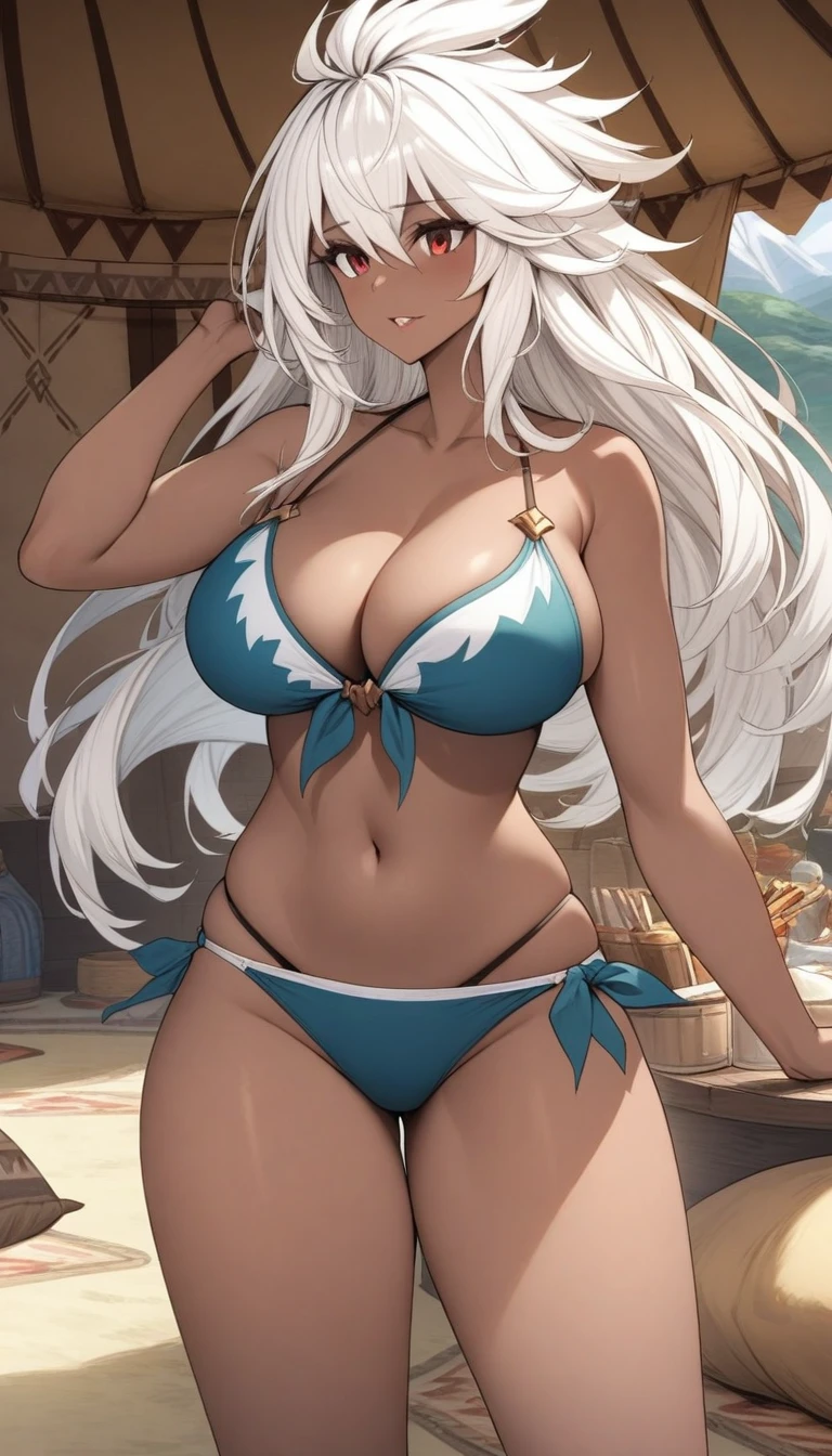 masterpiece, best quality, very aesthetic, absurdres, 1girl, mature_lady, ,1girl, zooey \(granblue fantasy\), granblue fantasy, dark skin, dark-skinned female, long hair, white hair, breasts, red eyes, hair between eyes, ahoge, swimsuit, bikini,shaded face,Nomadic Tent Structures (Various Nomadic Cultures) - Portable and temporary structures used by nomadic communities, such as yurts, tents, and teepees.,floating_hair