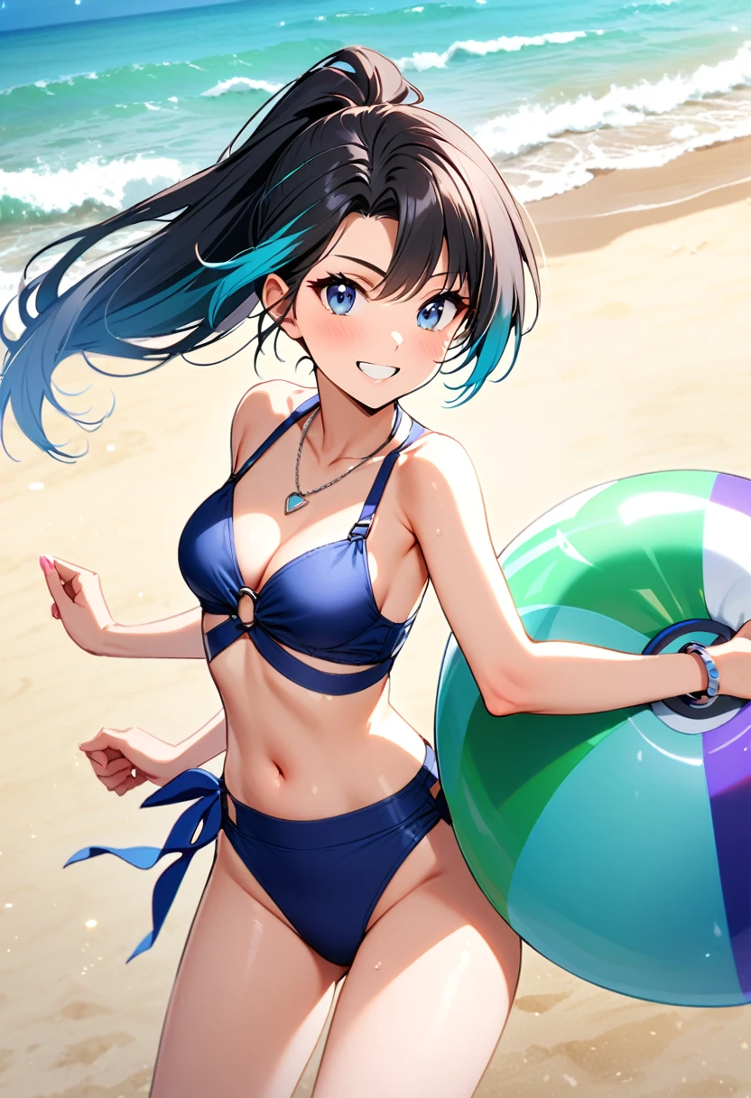 A woman, 21-years-old, solo, Caucasian, black hair, cyan hair, gradient hair, multicolored hair, ponytail, two-tone hair, blue eyes, cheerful smile, mature face, dark blue bikini top, dark blue bikini bottom, midriff, holding a beachball, beach, thin silver necklace, white bracelet, flat stomach