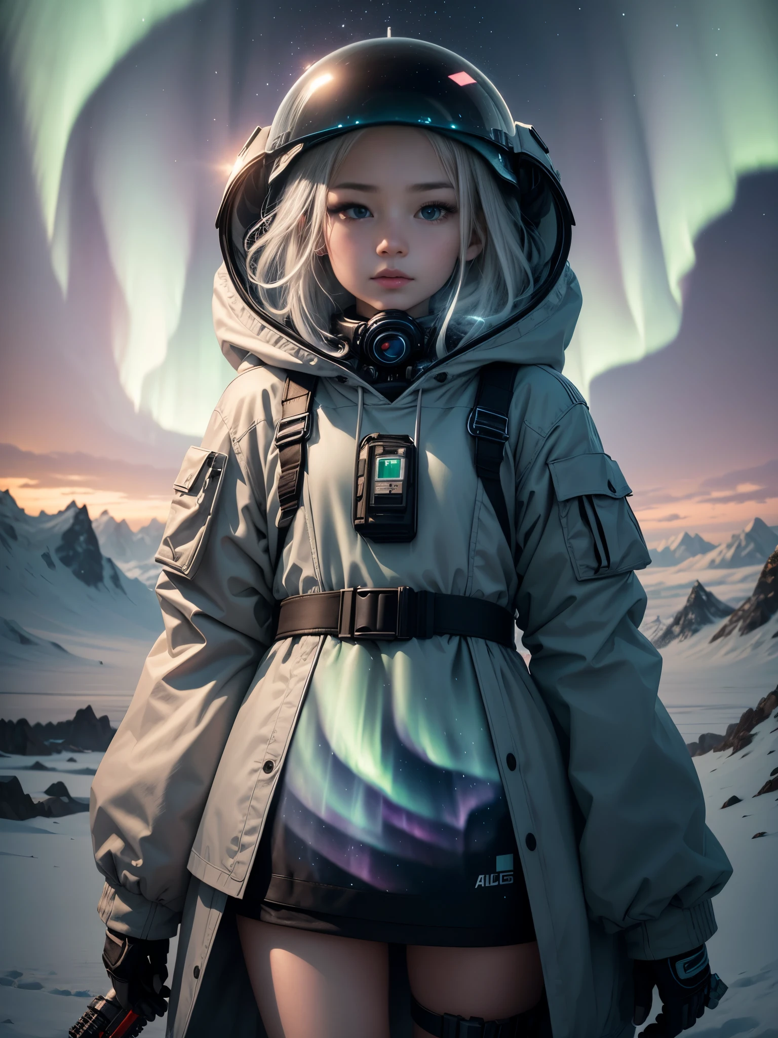 bubble space helmet, holding a future rifle, superpower, electricity, badass, Model shooting style, (Extremely detailed CG Unity 8K wallpaper),cyberpunk characters [Foggy Snow Mountain Landscape，Snow Mountain] Immerse yourself in the beautiful aurora，Living in the clouds of the starry sky，Behind the clouds，（Double contact：1.3），(The transparent and ethereal face of the girl blends into the aurora，Snow Mountain superimposes multiple elements and integrates the picture，photography：Brandon Woelfelmist，surreal dreamscape，Gray vibe，Rainy Day，That&#39;s it，Right of use，HDR，Surrealist art fantasy style，Epic digital fantasy art style，Beautiful sci-fi art, Sci-fi digital art illustration,Sci-fi digital painting, futuristic digital painting, futuristic concept art, Sci-fi Snow Mountain landscape front, Sci-fi digital art, Dreamy transparent ethereal girl portrait,