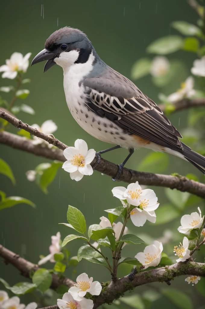 8K image zooming in on birds, birds, birds, flowers blooming in the rain.