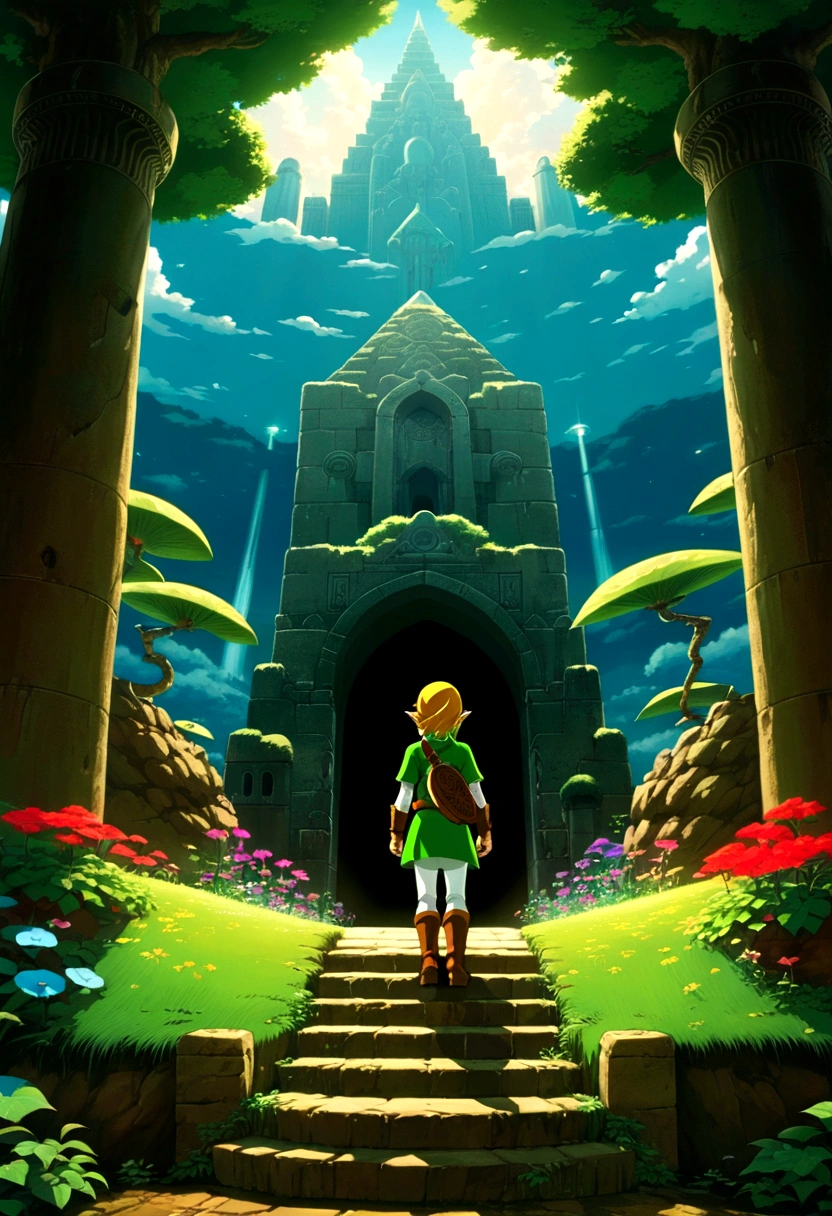 The Legend of Zelda, game style, by Satoshi Kon, full body, cinematic still, cinemascope, best quality, masterpiece, very aesthetic, perfect composition, intricate details, ultra-detailed, vivid colors