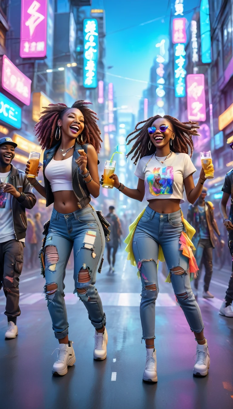 adult BLACK people dressed in urban clothes, In an urban landscape and holographic signs、HAPPY DANCING on the road. are drinking and laughing, The background is modern and cyberpunk, high tech vibe. Lovely Digital Painting, 3D rendering, Bright lighting, swirly vibrant colors. adult people, BEAUTIFUL black people, long  hair