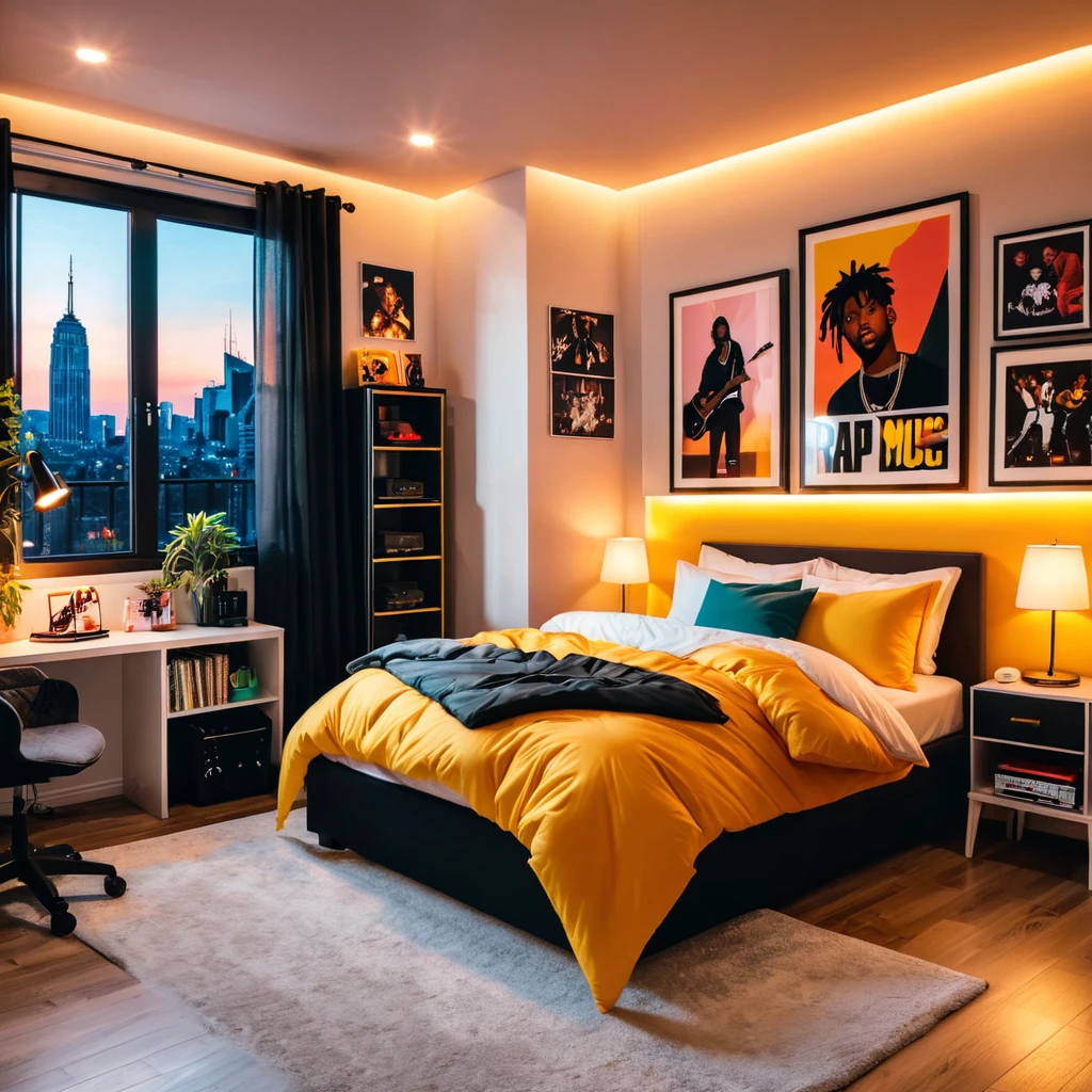 inside of a rap music lover teenagers room, there is a bed with a comforter, radiant evening light
