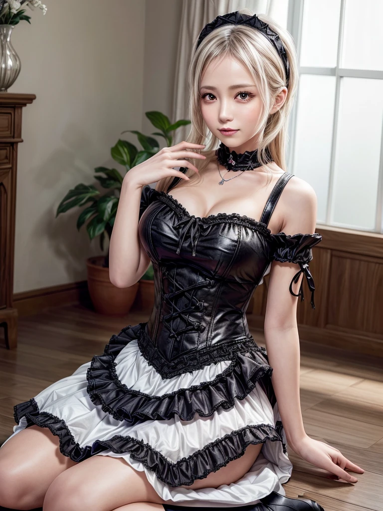 (8K, Photorealistic, Raw photo, of the highest quality: 1.3), (1girl in), Super beautiful, (Realistic face), (boyish, Silver Color Berry Shorthair), Beautiful , Glare that captivates the viewer, Beautiful expression, Beautiful breasts, (Realistic skin), Be...Super high quality, super high definition, super detailed, masterpiece, 20years old, female, cute, perfect face, beautiful, nice body, gothic ta clothes, gothic loliashion, frilly skirt, headdress, necklace, bracelet, knee-high socks, boots, double eyelids, tear bags, Detailed down to the fingers, photo-like description, indoors, dim indoor lighting, blonde hair, pony tail, standing, whole body, composition that shows the whole body, smiling