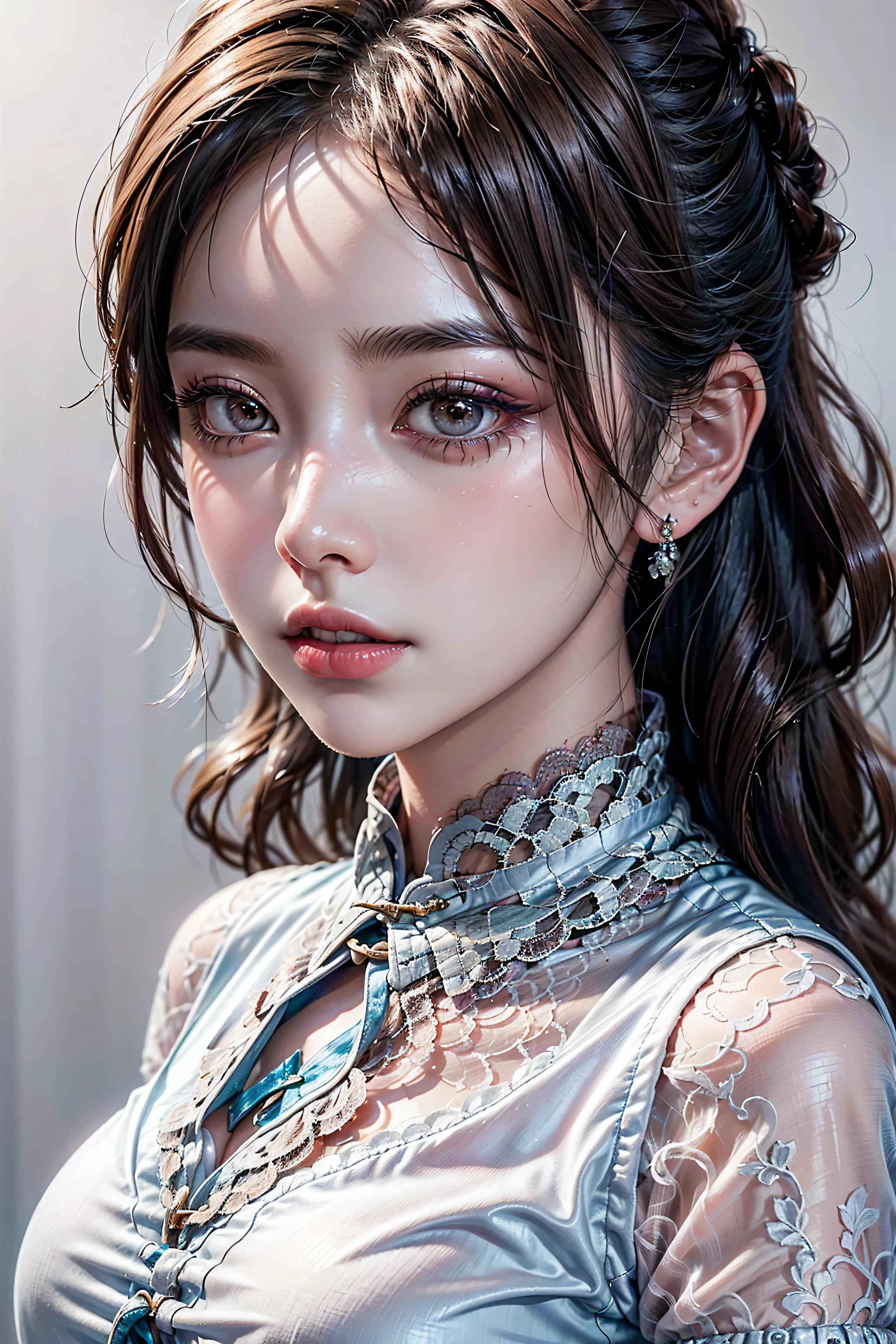 (absurd quality,16k,highres,masterpiece:1.2), ultra details,UHD,(photorealistic Realism 16K Quality), (1woman:1.3 22-year-old), (best detail quality, realistic texture: skin, hair), (the most absurd quality perfect eyes), (super beautiful cute sharp-face), (light pale complexion), (clear no blur and sharp perfect round realistic brown_eyes:1.35), finely detailed pupils, detailed lips:1.3, BREAK, ((Fujicolor、daytime soft lighting)、fashion supermodel、((curly heban hair (slicked to the two side) Intricately detailed:1.25)), BREAK, (pink_makeup:1.35), BREAK, ((Classic and sexy ((white lacy)) cheongsam)、Detailed blue decoration:1.35)), BREAK, (Fitted clothing:1.3)、dynamic pose、(close-up of her face:1.25), (no decorations in the hair), (dark shot:1.2), ((firm normal full breasts:1.2)),