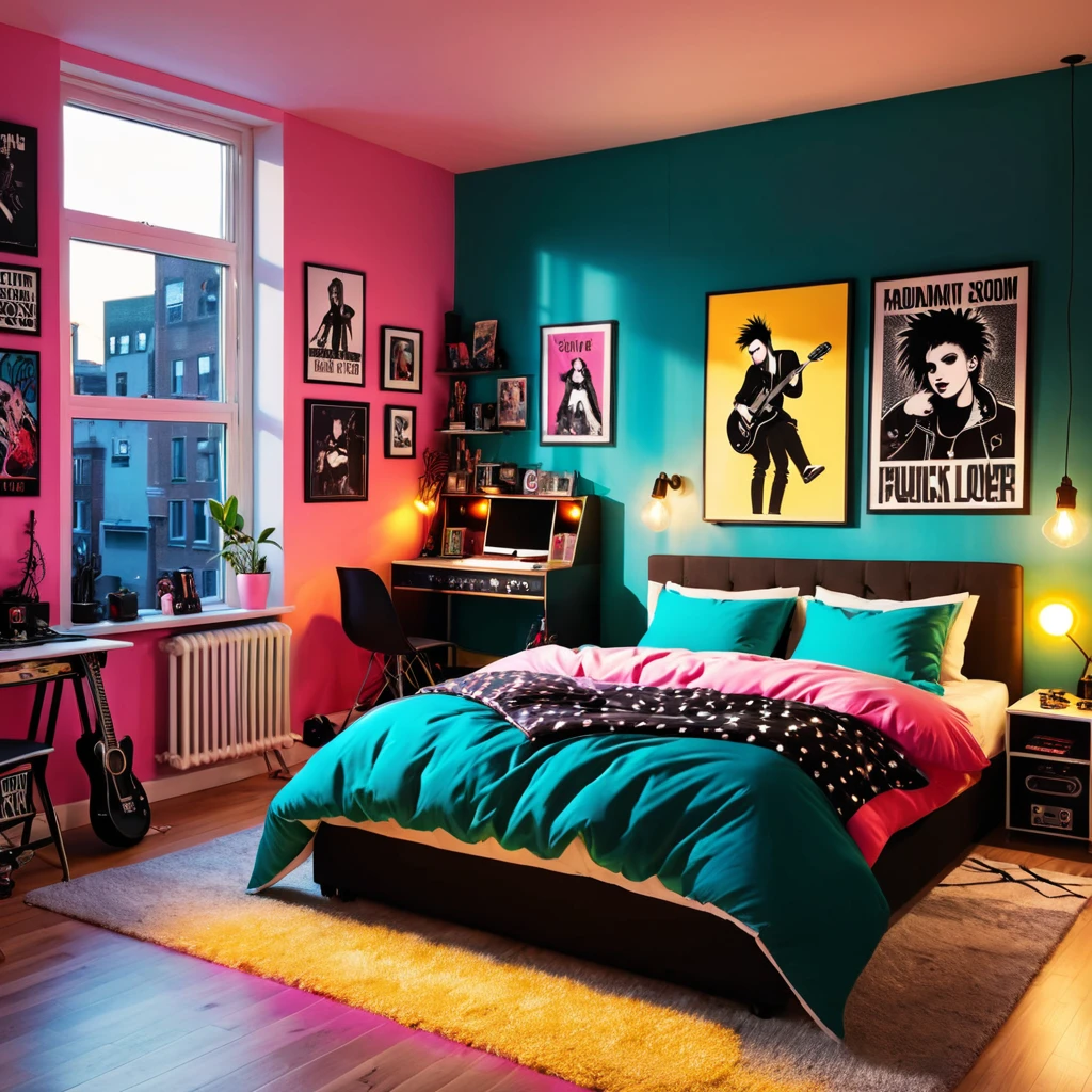 inside of a punk music lover agers room, there is a bed with a comforter, radiant evening light