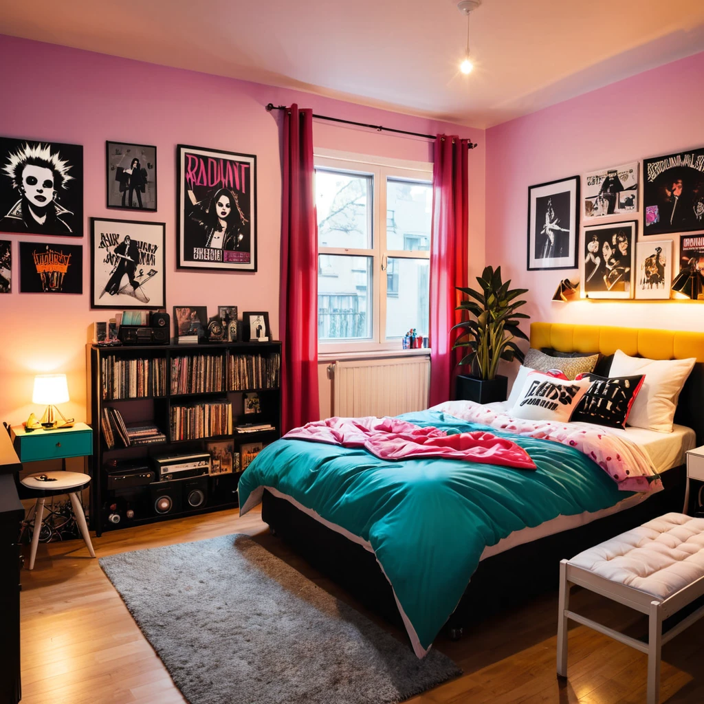 inside of a punk music lover agers room, there is a bed with a comforter, radiant evening light