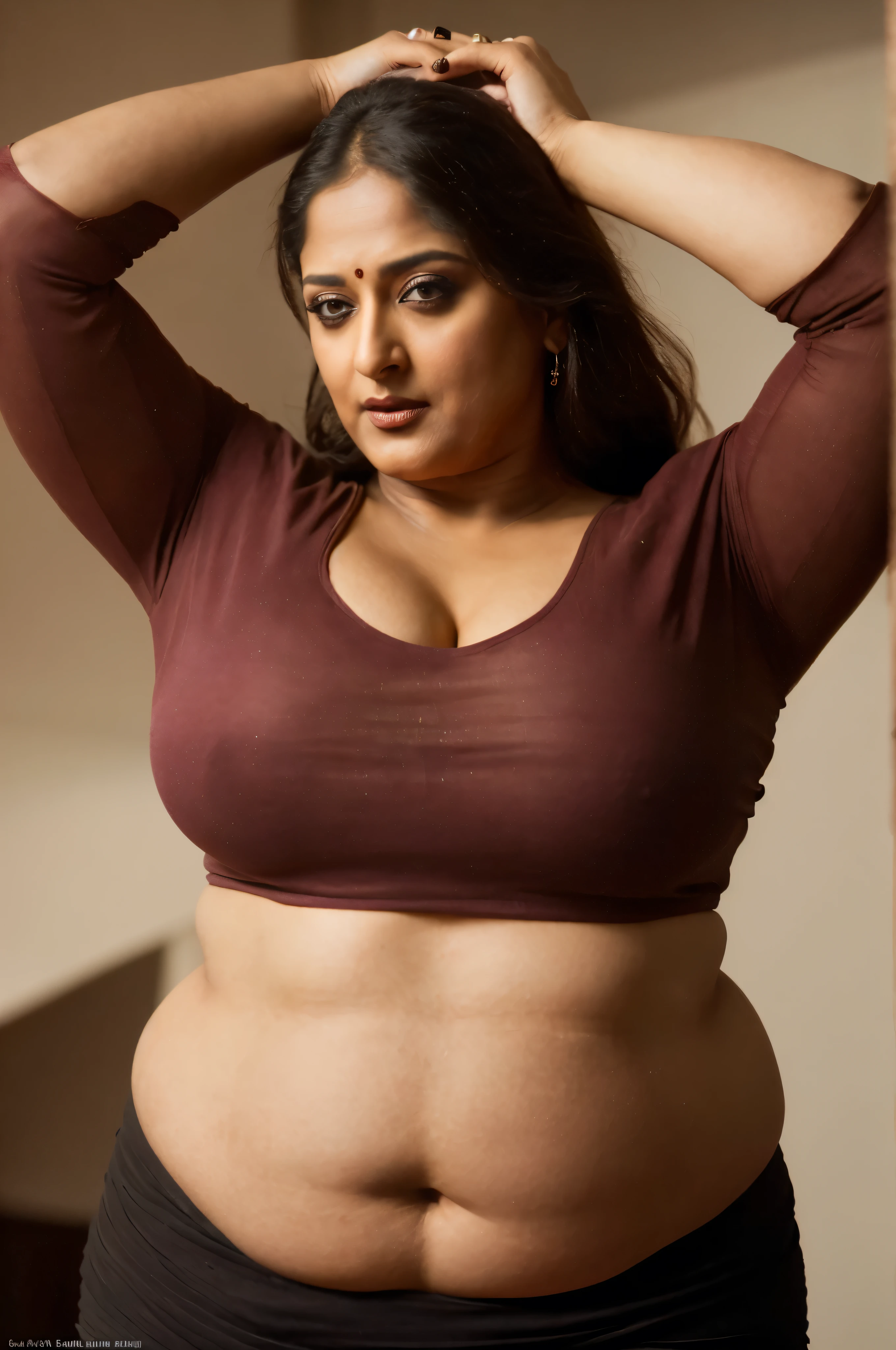 50yo mature MILF Anushka Shetty,((best quality)), ((masterpiece)), ((realistic)), eye kajal, mascara, red lips, sensual Beauty, provoking body, extreme sweat, sweat soaked skin, slight stretch marks, alluring figure, bulging figure, thick charming lady, curvy, thick navel, full figured woman, eye kajal, massive breast, full body, styled hair, pierced eyes, female face,royal aura, trend on artstation , sharp focus, studio photo, intricate detail, very detailed, detailed eye, illustration, very detailed, sharp focus, digital render, professional, 4k
