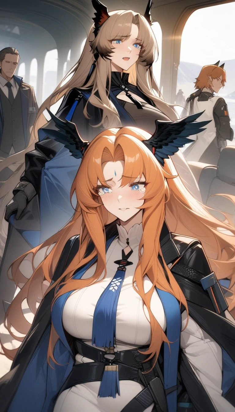 masterpiece, best quality, very aesthetic, absurdres, 1girl, mature_lady, ,1boy, passenger \(arknights\), arknights, long hair, wings, head wings, orange hair, blue eyes, gloves, jacket, shirt, parted bangs, coat,tearing up,Swahili / Traditional Swahili,floating_clothes