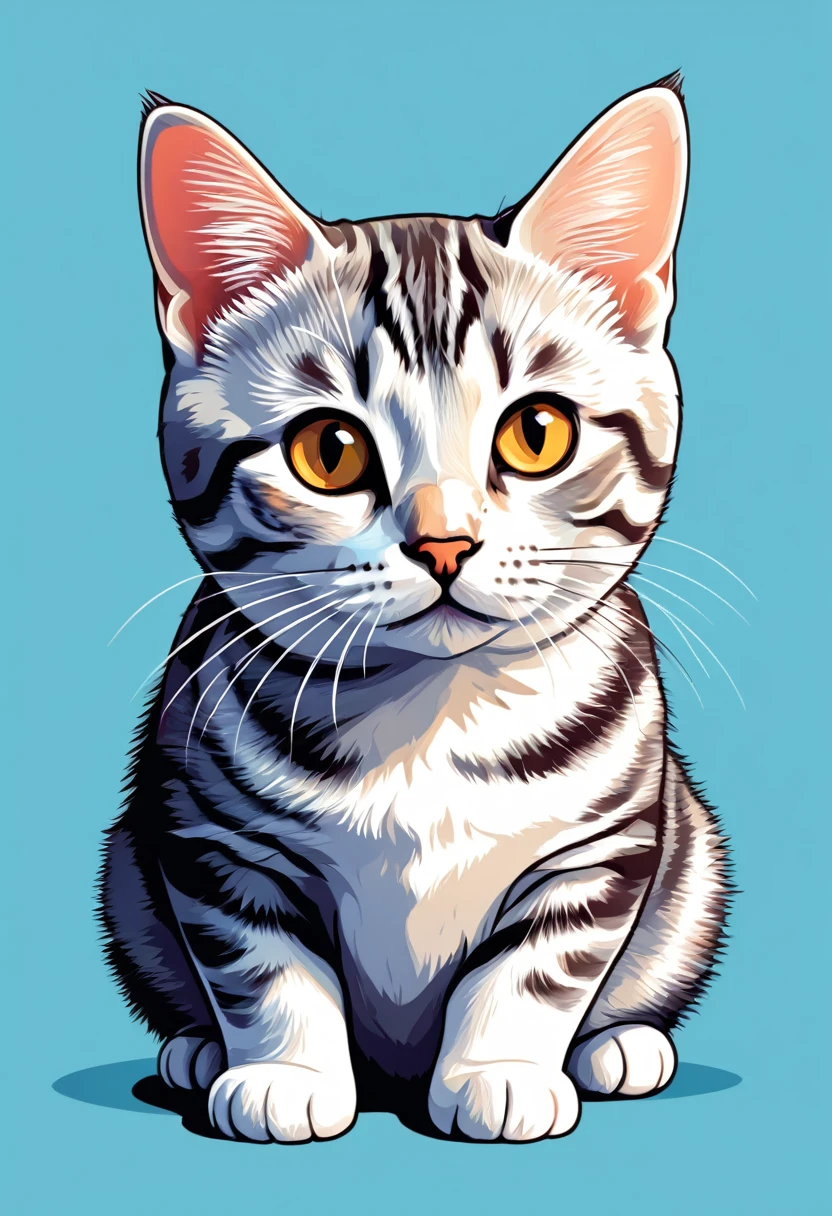 A t-shirt with graphic design art, flat illustration of a cat breed American Shorthair,  cuddly, colorful tones, highly detailed cleanliness, imagem vectorial, photorealistic masterpiece, professional photograpy, plain white background, isometric, Vibrant, vector