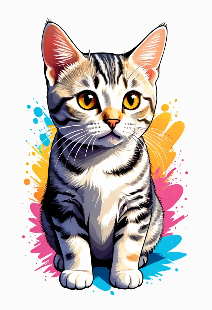A t-shirt with graphic design art, flat illustration of a cat breed American Shorthair,  cuddly, colorful tones, highly detailed cleanliness, imagem vectorial, photorealistic masterpiece, professional photograpy, plain white background, isometric, Vibrant, vector