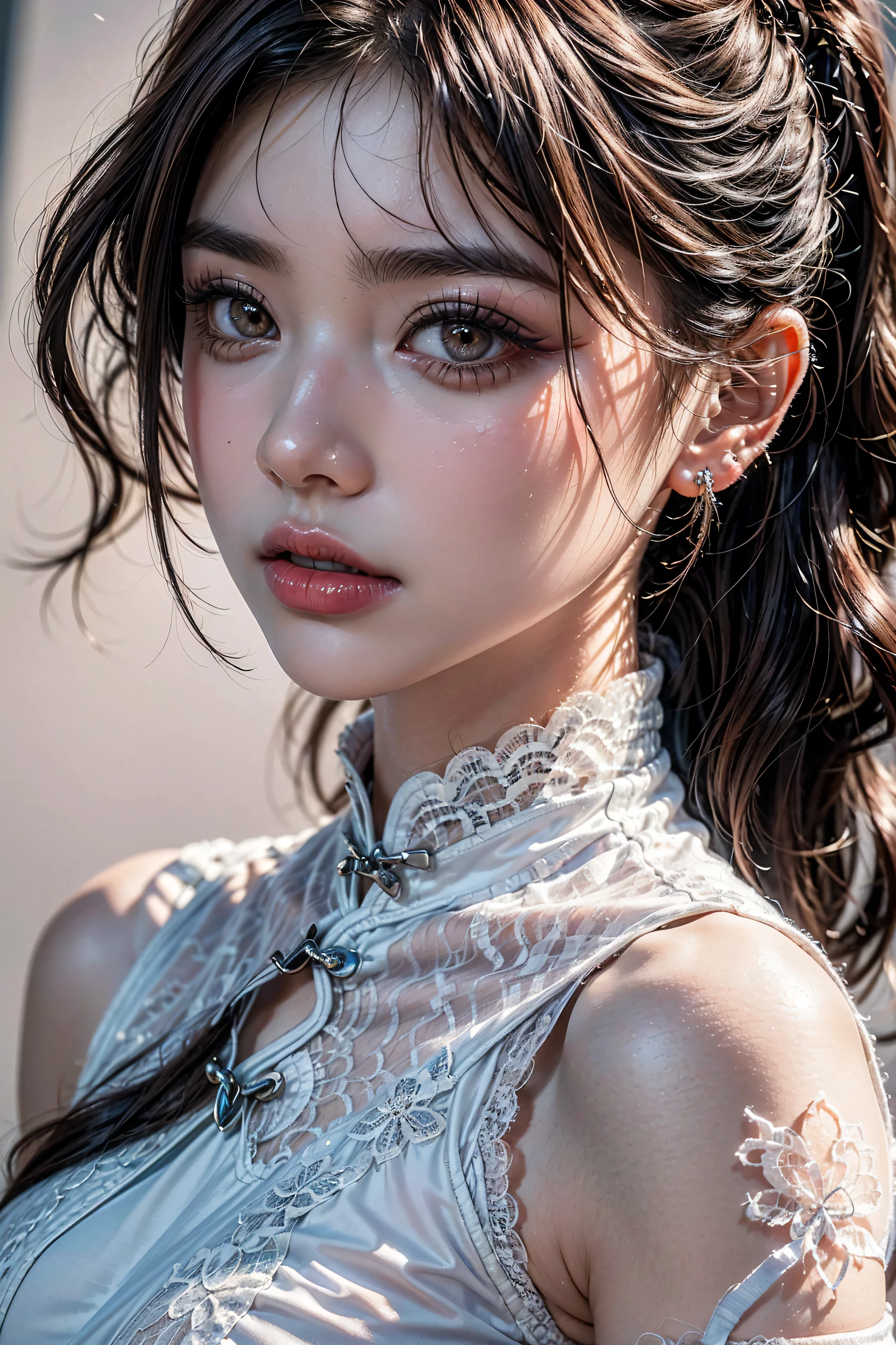 (absurd quality,16k,highres,masterpiece:1.2), ultra details,UHD,(photorealistic Realism 16K Quality), (1woman:1.3 22-year-old), (best detail quality, realistic texture: skin, hair), (the most absurd quality perfect eyes), (super beautiful cute sharp-face), (light pale complexion), (clear no blur and sharp perfect round realistic brown_eyes:1.35), finely detailed pupils, detailed lips:1.3, BREAK, ((Fujicolor、daytime soft lighting)、fashion supermodel、((curly heban hair (slicked to the two side) Intricately detailed:1.25)), BREAK, (pink_makeup:1.35), BREAK, ((Classic and sexy ((white lacy)) cheongsam)、Detailed blue decoration:1.35)), BREAK, (Fitted clothing:1.3)、dynamic pose、(close-up of her face:1.25), (no decorations in the hair), (dark shot:1.2), ((firm normal full breasts:1.2)),