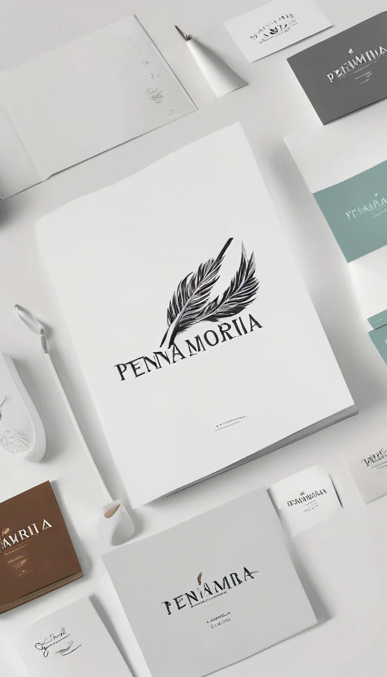 A minimal, modern, simple, cinematic, minimalistic logo design for the brand “Penamemoria". The logo design must be a simple, magical feather and a boy running and holding an acoustic guitar. The logo must convey a sense of music, stories and dreams. Logo design impressed on a book cover. Minimalistic logo