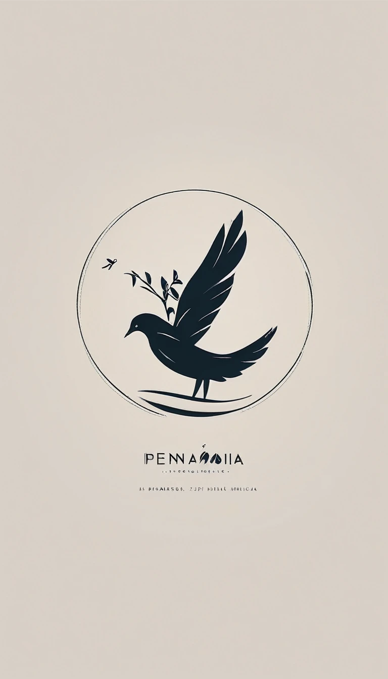 A minimal, modern, simple, cinematic, minimalistic logo design for the brand “Penamemoria". The logo design must be a simple, magical feather and a boy running and holding an acoustic guitar. The logo must convey a sense of music, stories and dreams. Logo design impressed on a book cover. Minimalistic logo