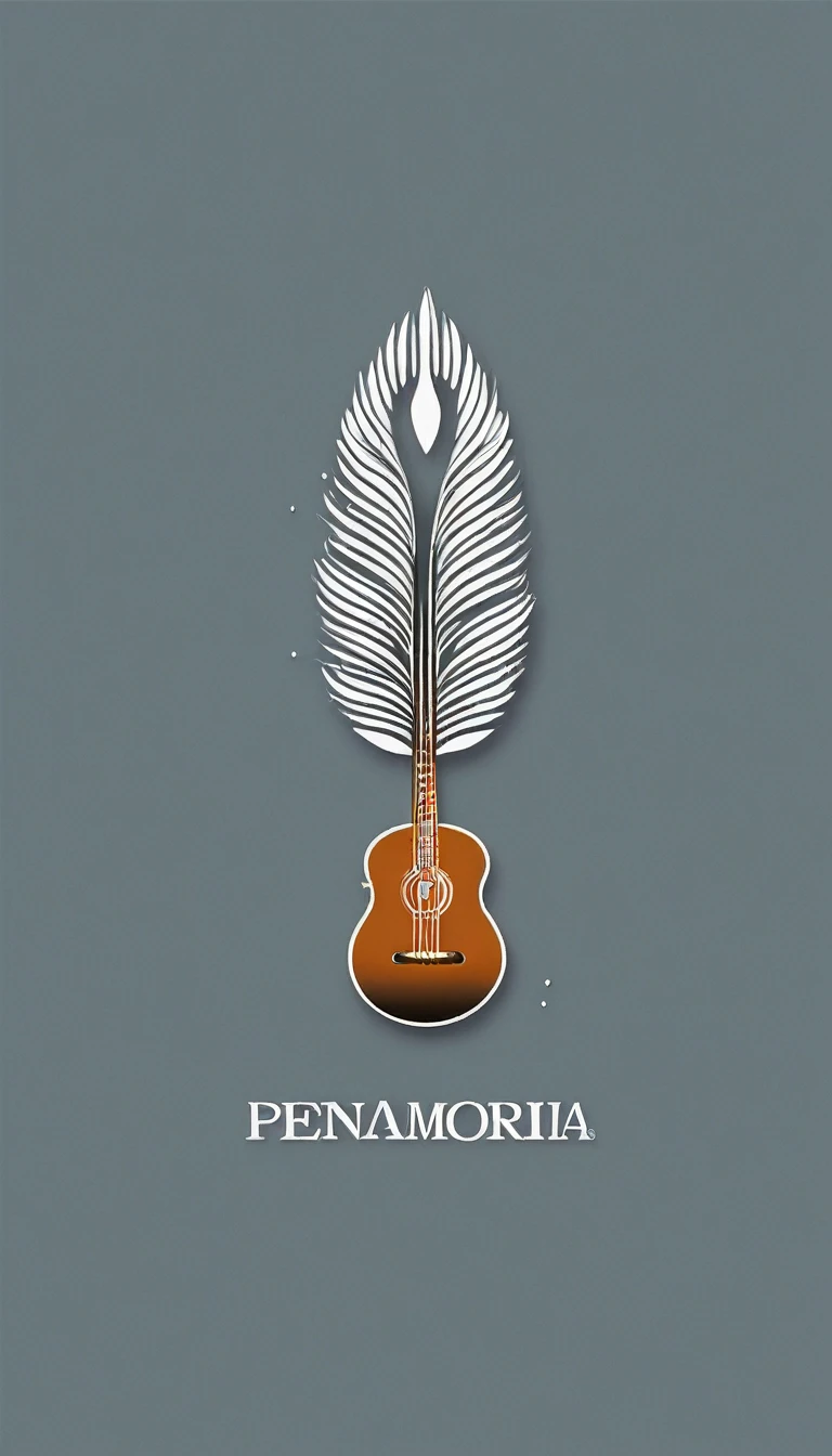 A minimal, modern, simple, cinematic, minimalistic logo design for the brand “Penamemoria". The logo design must be a simple, magical feather and a boy running and holding an acoustic guitar. The logo must convey a sense of music, stories and dreams. Logo design impressed on a book cover. Minimalistic logo