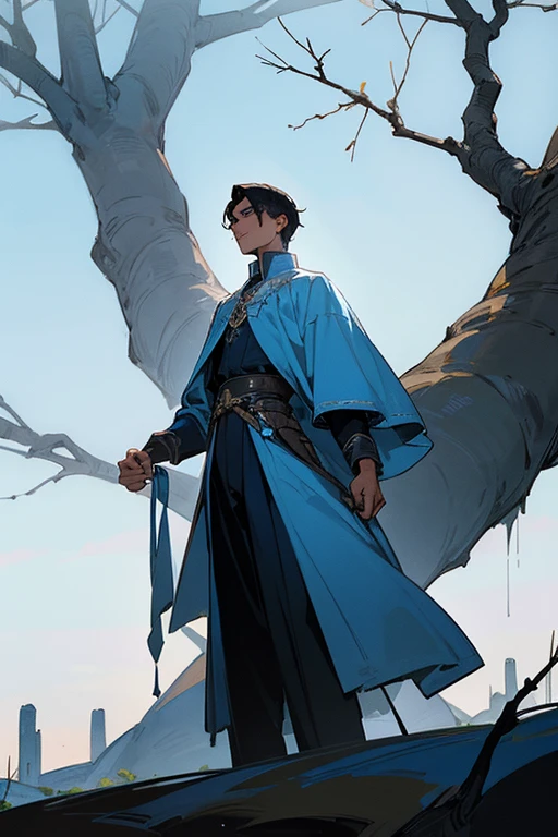 A 20 year old boy. tall with dark hair, striking blue eyes, white, slightly tanned skin, with 1,85m high. with an elegant outfit reminiscent of ancient and medieval times with black and blue tones predominating. He is standing next to a dead tree with no leaves on its branches