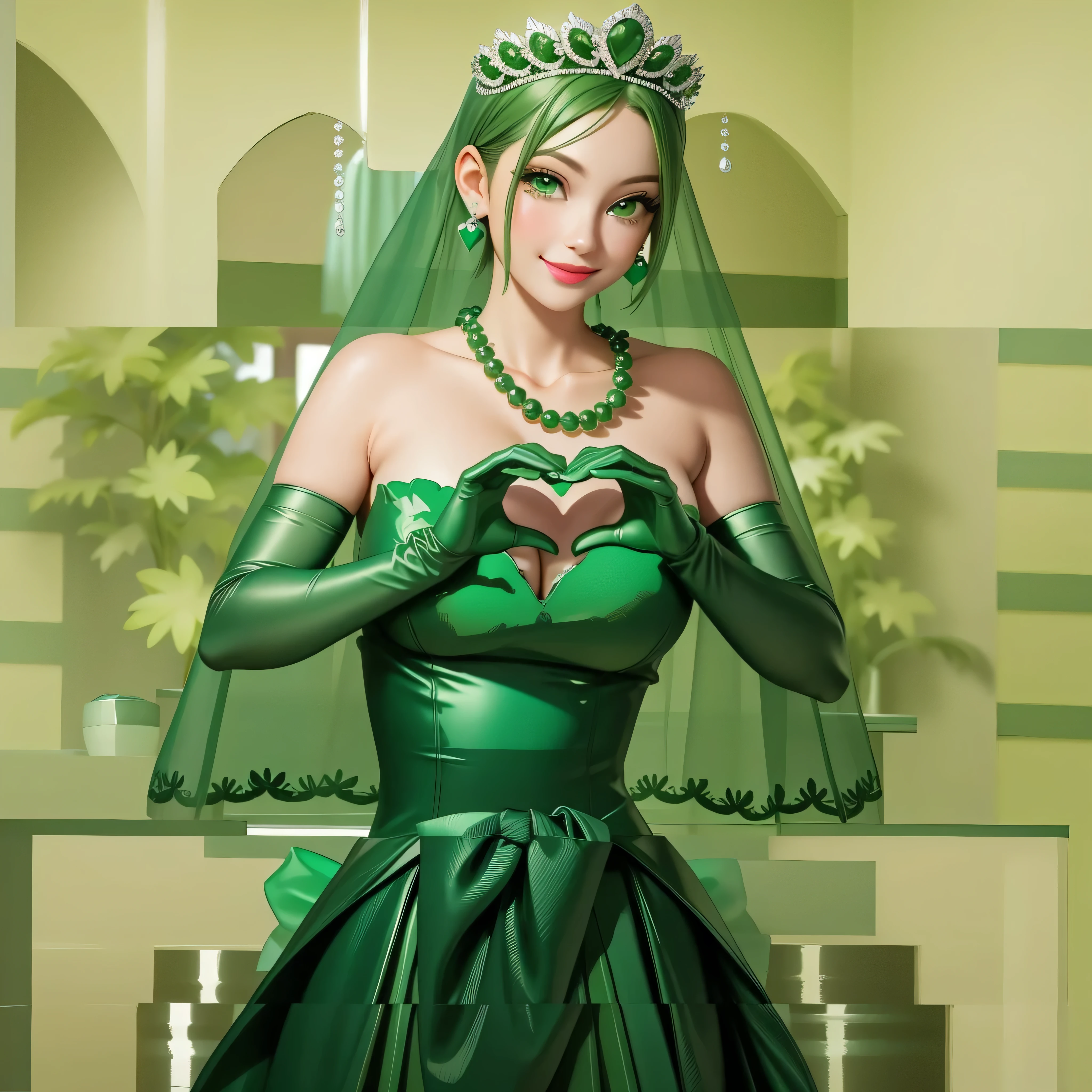 emerald tiara, Green Pearl Necklace, Boyish very short green hair, Green Lips, Smiling Japanese woman, Very short hair, Busty beautiful lady, Green Eyes, Green satin long gloves, Green Eyes, Emerald Earrings, Green veil, Heart with both hands, Green Hair, Beautiful Japanese Woman, Heart shaped hands:1.3, green lip gloss