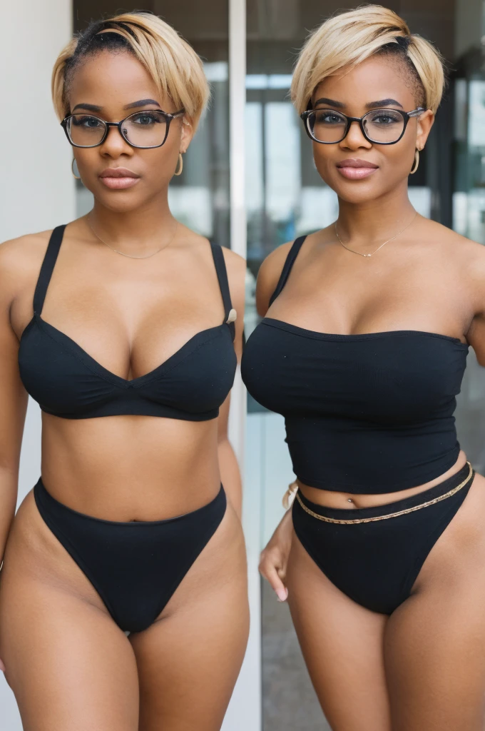 light skinned African American, blonde short pixie cut, glasses, huge gigantic tits, big thick ass, cute, sexy, beautiful face, make up, wearing black tube top, and black colored short shorts