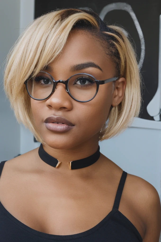 light skinned African American, blonde short pixie cut, glasses, huge gigantic tits, big thick ass, cute, sexy, beautiful face, make up, wearing black tube top, and black colored short shorts