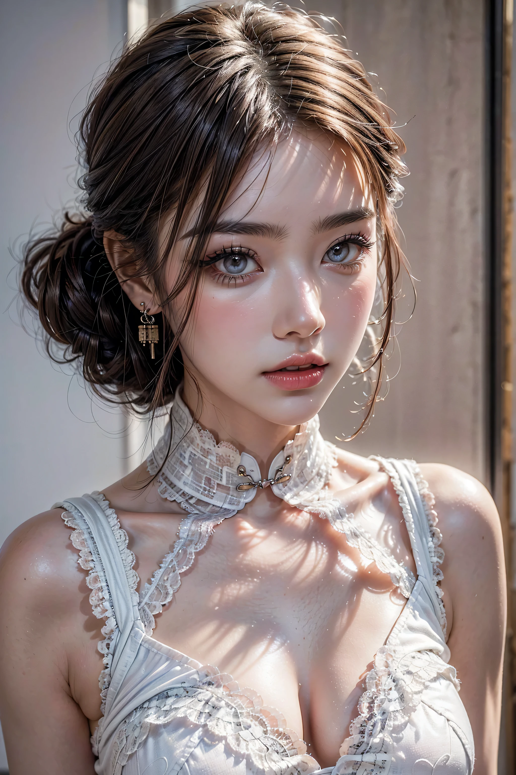 (absurd quality,16k,highres,masterpiece:1.2), ultra details,UHD,(photorealistic Realism 16K Quality), (1woman:1.3 22-year-old), (best detail quality, realistic texture: skin, hair), (the most absurd quality perfect eyes), (super beautiful cute sharp-face), (light pale complexion), (clear no blur and sharp perfect round realistic brown_eyes:1.35), finely detailed pupils, detailed lips:1.3, BREAK, ((Fujicolor、daytime soft lighting)、fashion supermodel、((curly heban hair (slicked to the two side) Intricately detailed:1.25)), BREAK, (pink_makeup:1.35), BREAK, ((Classic and sexy ((white lacy)) cheongsam)、Detailed blue decoration:1.35)), BREAK, (Fitted clothing:1.3)、dynamic pose、(close-up of her face:1.25), (no decorations in the hair), (dark shot:1.2), ((firm normal full breasts:1.2)),
