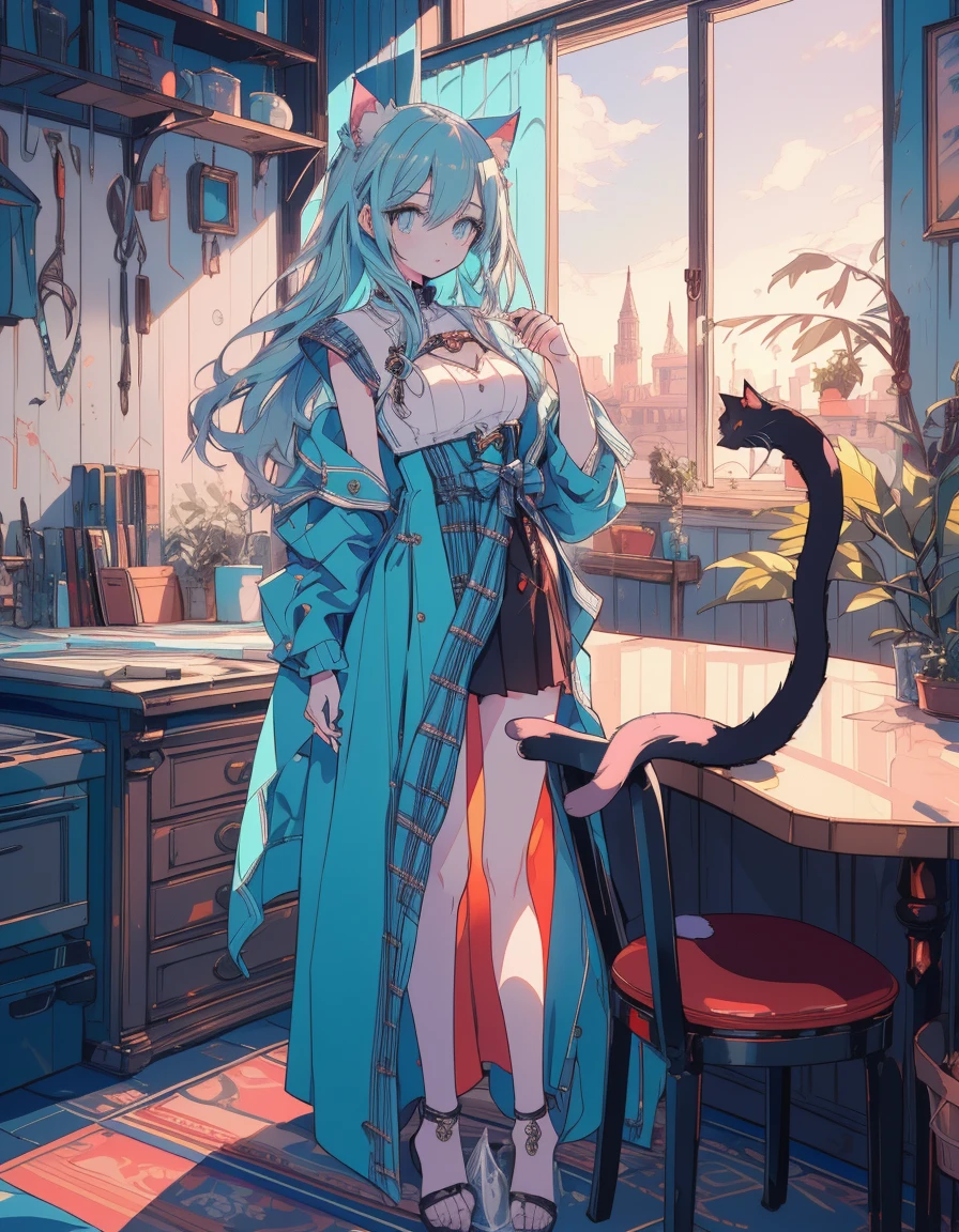 cyber punk, midnight, full body, ((masterpiece, best quality:1.5)), ((Beautiful detailed cat aqua eyes:1.2)), cat ears, pale skin, medium breasts, beautiful hands, beautiful fingers, EasyNegative