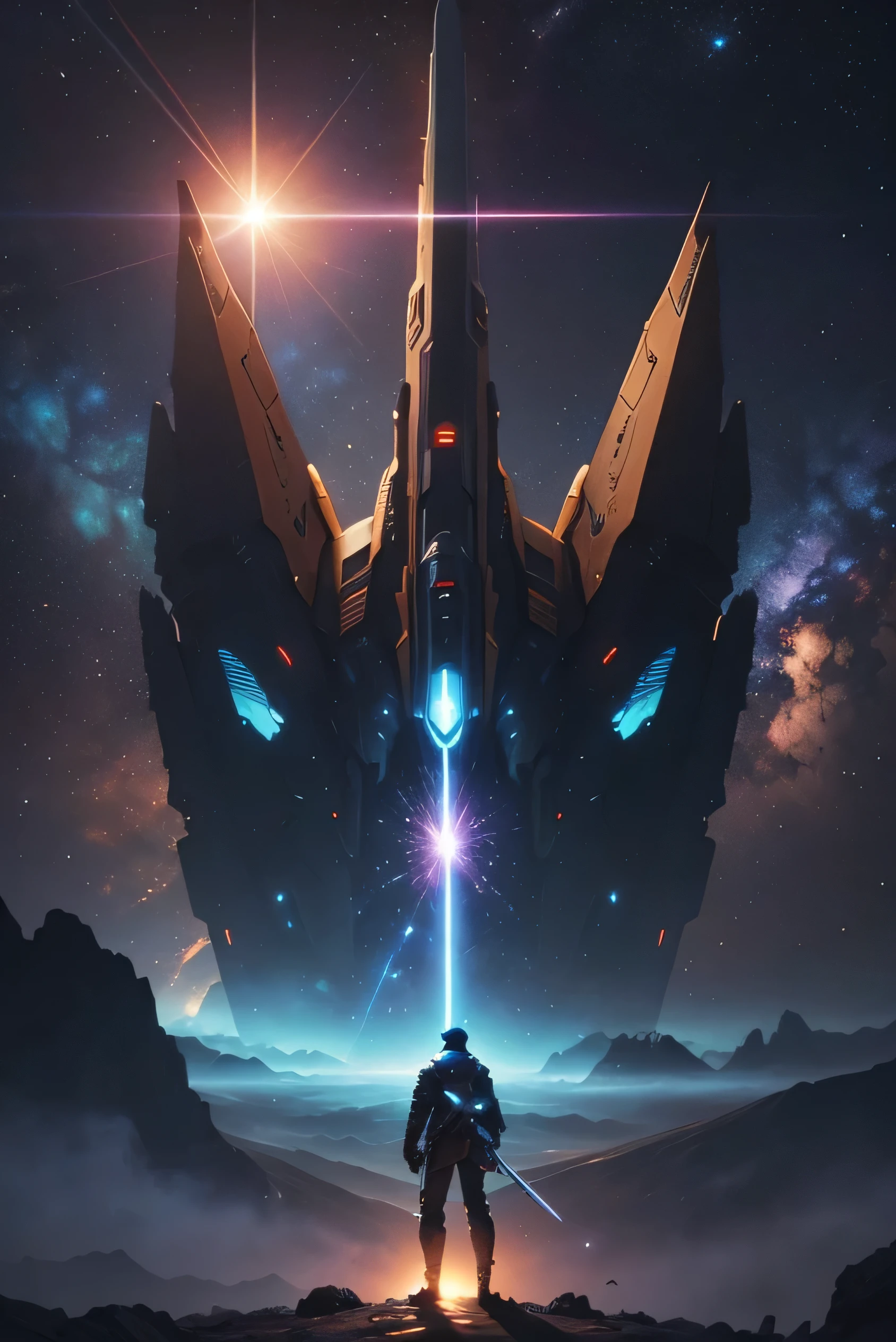 there is a man standing on a hill with a sword in his hand, spaceship in a nebula, a spaceship through the nebula, inspired by Chris Foss, space quantum death. deep space, lens flare. occult photorealism, spaceship exploding, an epic space ship scene, alien space ship flying in space, science fiction digital art, sci-fi digital art illustration