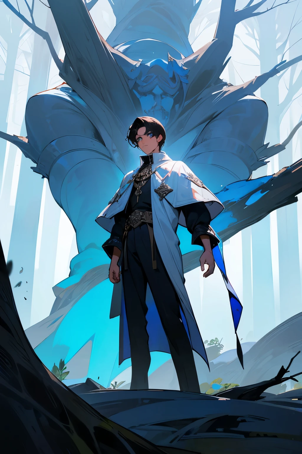 A 20 year old boy. tall with dark hair, striking blue eyes, white, slightly tanned skin, with 1,85m high. with an elegant outfit reminiscent of ancient and medieval times with black and blue tones predominating. He is standing next to a dead tree with no leaves on its branches