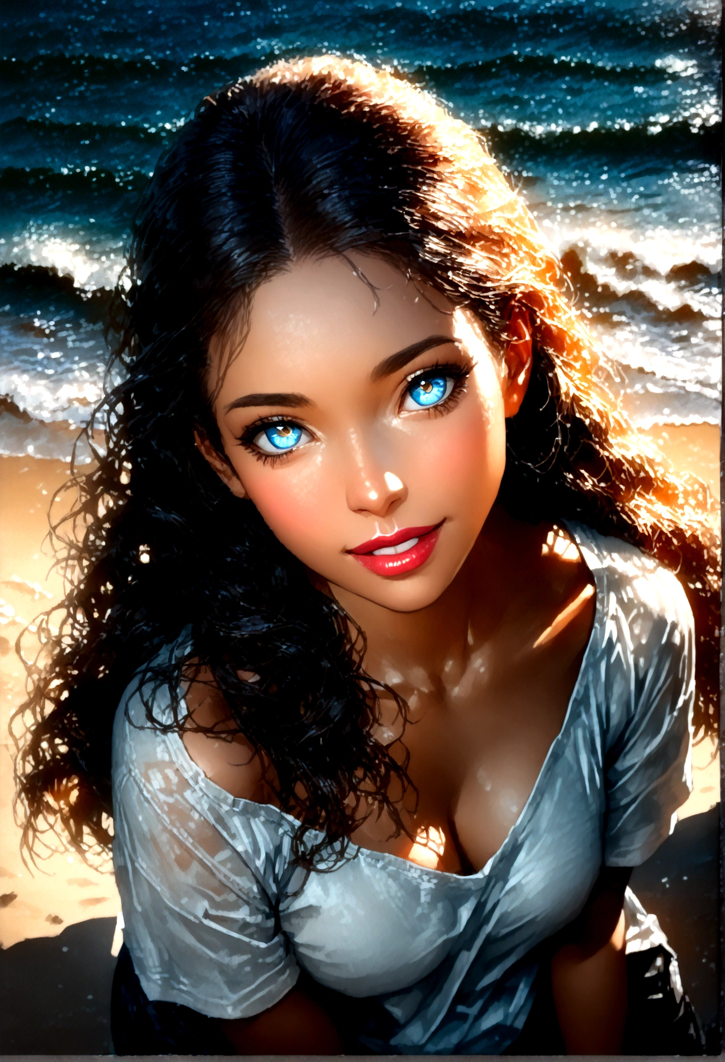 Fashion model 25 years old [[[[close-up]]], [[[[chest]]]], [[[[neck]]], [shoulders]]]]], Perfect eyes, Perfect iris, Perfect lips, Perfect teeth, Perfect skin, Soft front light, Glow, HDR, (Soft color: 1.2), Best quality, masterpiece, ultra high res, (photorealistic:1.37), raw photo, 1girl, long hair, beautifull eyes,  beautifull face, detailed eyes and face, t-shirt, dynamic lighting, in the dark, table top, highest quality, realistic, Super detailed, finely, High resolution, 8k wallpaper, 1 beautiful woman, light brown messy hair, He is wearing an open-necked shirt., sharp focus, perfect dynamic composition, beautiful and detailed eyes, thin hair, Detailed realistic skin texture, smile, close-up portrait, model body shape, mile, close-up portrait, model body shape, body shape,cleavage, tropical beach, thin and long legs Translated with DeepL.com (free version)
Standing in a sea shore poses for a photo
