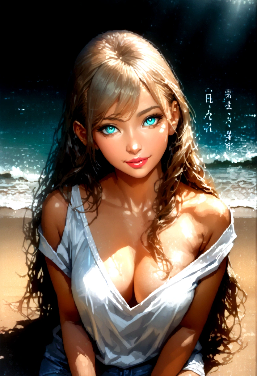 Fashion model 25 years old [[[[close-up]]], [[[[chest]]]], [[[[neck]]], [shoulders]]]]], Perfect eyes, Perfect iris, Perfect lips, Perfect teeth, Perfect skin, Soft front light, Glow, HDR, (Soft color: 1.2), Best quality, masterpiece, ultra high res, (photorealistic:1.37), raw photo, 1girl, long hair, beautifull eyes,  beautifull face, detailed eyes and face, t-shirt, dynamic lighting, in the dark, table top, highest quality, realistic, Super detailed, finely, High resolution, 8k wallpaper, 1 beautiful woman, light brown messy hair, He is wearing an open-necked shirt., sharp focus, perfect dynamic composition, beautiful and detailed eyes, thin hair, Detailed realistic skin texture, smile, close-up portrait, model body shape, mile, close-up portrait, model body shape, body shape,cleavage, tropical beach, thin and long legs Translated with DeepL.com (free version)
Standing in a sea shore poses for a photo