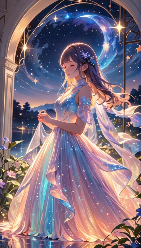 (best quality,4k,8k,highres,masterpiece:1.2),A girl standing alone under the starry night sky, with her silhouette illuminated by the soft moonlight and twinkling stars. Her face is beautifully detailed, with closed eyes, long and fluttering eyelashes, and exquisitely defined lips. She is dressed in an elegant gown, flowing and ethereal, embracing her figure gracefully as it glimmers with a subtle celestial glow. The intricate details of her dress catch the faint starlight, creating a mesmerizing sparkle. The surrounding landscape showcases a serene garden, lush with vibrant foliage and colorful flowers. The air is filled with a gentle breeze, causing the leaves to rustle and the flowers to sway delicately. The garden is bathed in a warm, dreamy color palette, with hues of deep blues, purples, and hints of silver. The atmosphere is calm and tranquil, evoking a sense of peace and serenity. The artwork is of the highest quality, meticulously created with ultra-detailed brushstrokes and precise attention to every element. The texture and depth of the painting are breathtaking, with a sense of realism and photorealism that captures the awe-inspiring beauty of the night sky. The lighting is soft and diffused, casting a gentle glow over the entire scene, enhancing the magical ambiance. The girl's presence radiates a sense of mystery and wonder, as if she holds a secret connected to the celestial beings above. The overall composition evokes a feeling of timelessness and captures the essence of a StarSign, an artwork that embodies the celestial beauty and inner strength of a girl in harmony with the stars. (ai-generated:.25),(dsmile:.25)