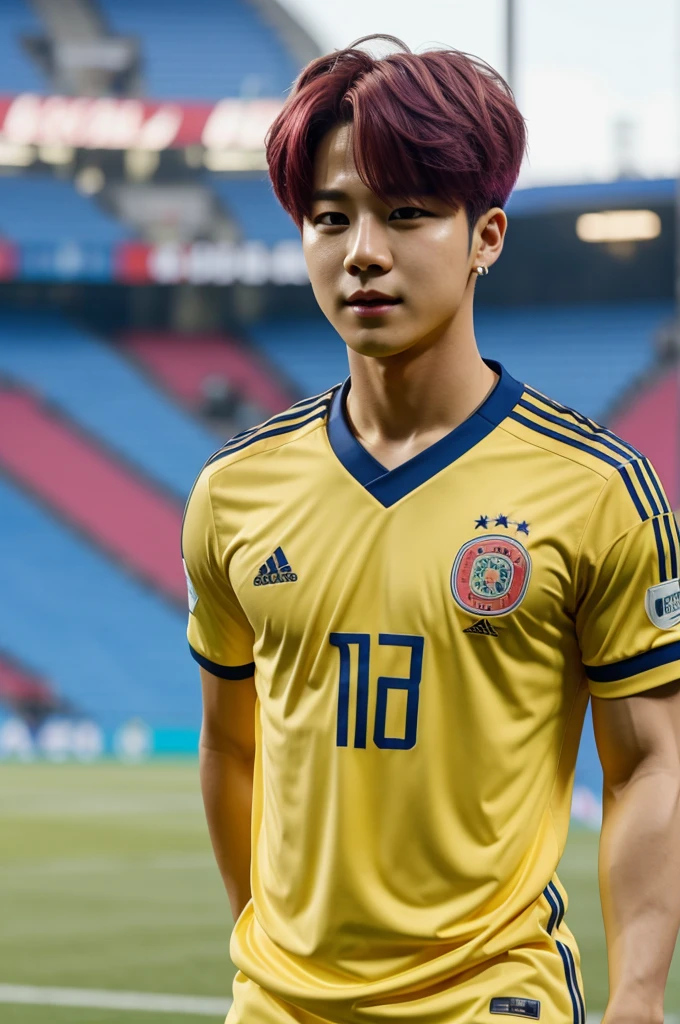 Park Jimin from BTS wearing a Colombia soccer jersey