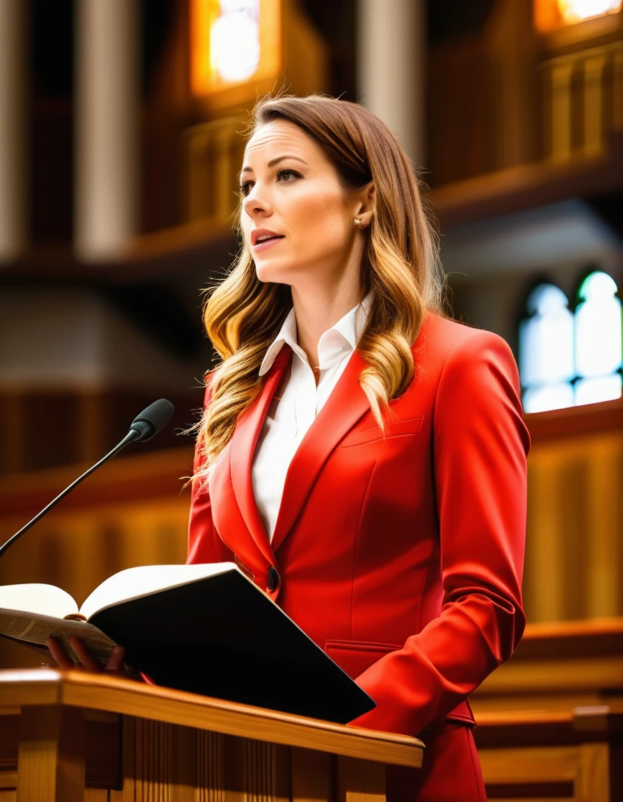 ((woman)), (30 year old), (long hair), (wearing reddish suit), (speech at a lectern), (bible on the pulpit), (modern protestant church background), (natural light), (photo realism), (hyper detailed), diffuse lighting, (((front view))), (Nikon D850 DSLR), ((long shot at 200mm f/1. 8 lens)), (Slightly blurred background with bokeh effect)