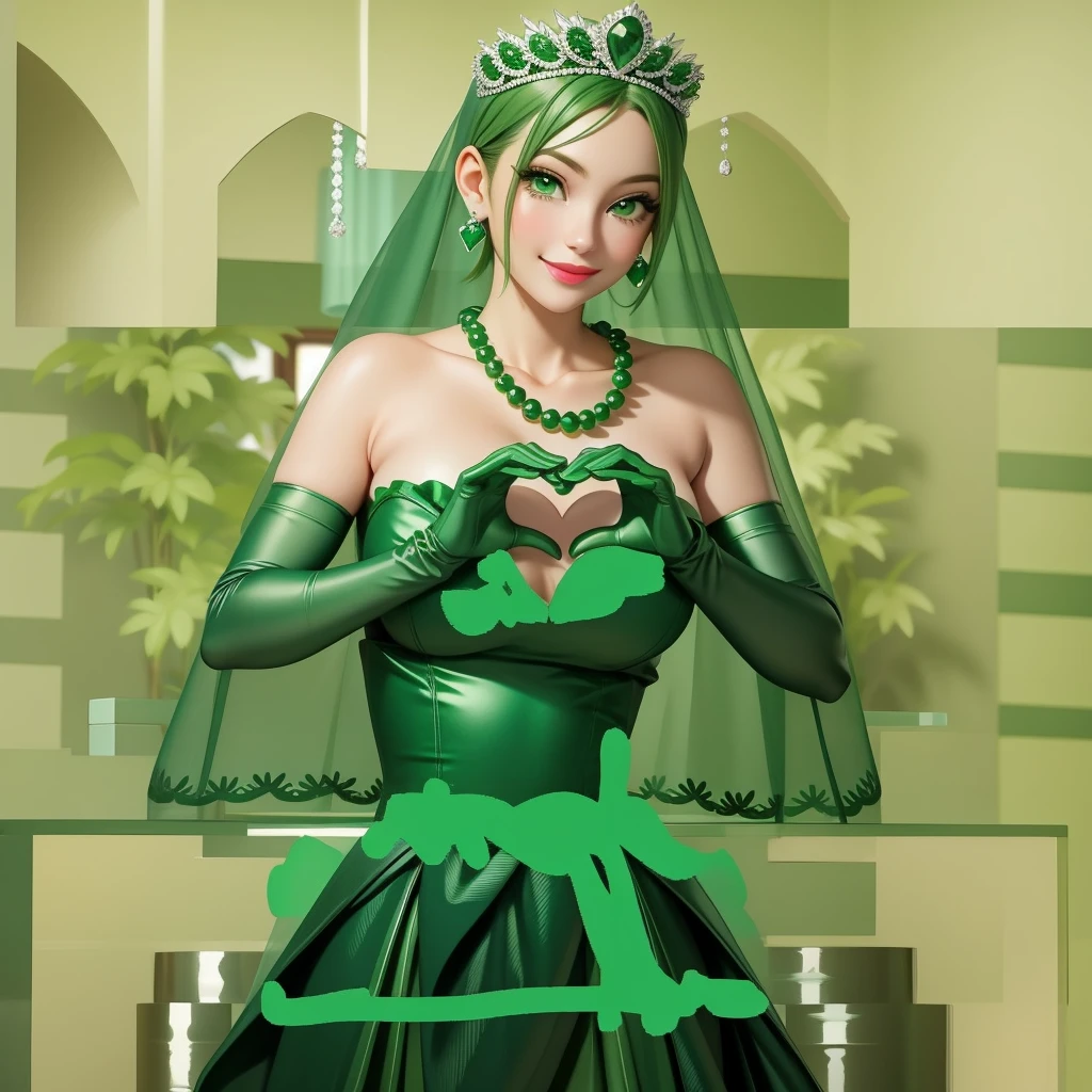 Emerald tiara, Green Pearl Necklace, Boyish very short green hair, Green Lips, Smiling Japanese woman, Very short hair, Busty beautiful lady, Green Eyes, Green satin long gloves, Green Eyes, Emerald Earrings, Green veil, Heart with both hands, Green Hair, Beautiful Japanese Woman, Heart shaped hands:1.3, green lip gloss