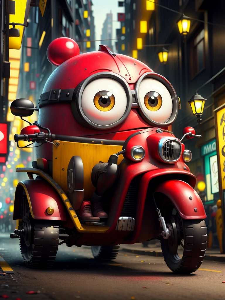 MinionStyle Black a red motorized rickshaw navigating through bustling market alleys, (smile) (happy expression) (Masterpiece:1.3) (best quality:1.2) (high quality:1.1)