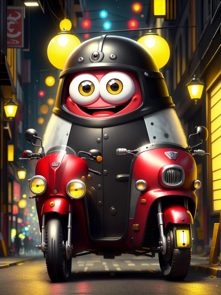 MinionStyle Black a red motorized rickshaw navigating through bustling market alleys, (smile) (happy expression) (Masterpiece:1.3) (best quality:1.2) (high quality:1.1)