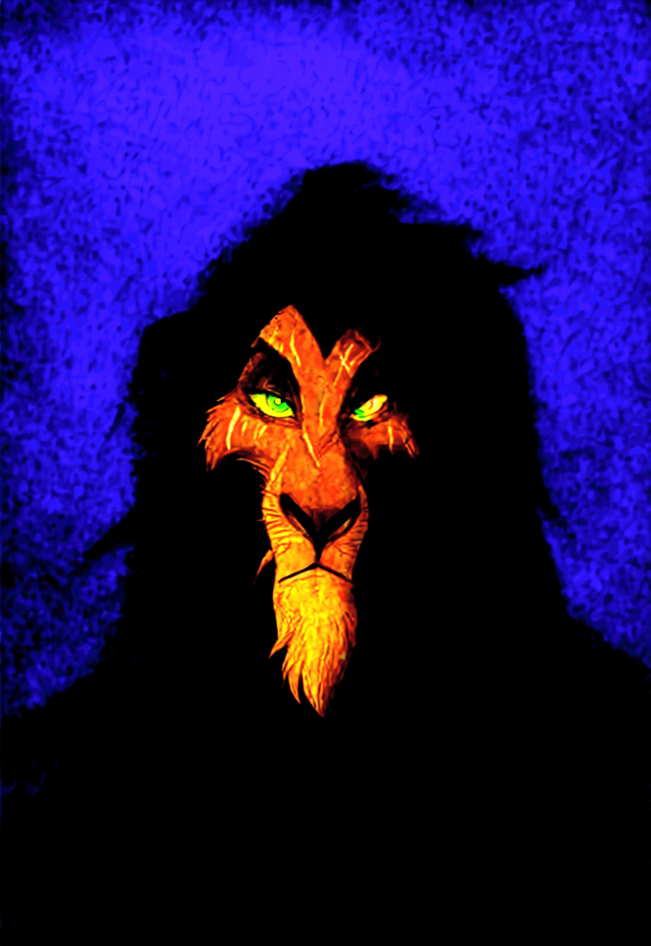 A close-up, stylized animated illustration focusing intently on the prominent, thick, jagged line running vertically across the left eye of the character Scar from the 1994 Disney film "The Lion King". This defining scar is the dominant and most striking feature, a bold, dramatic line cutting across Scar's piercing green eye. Details of his dark mane and slightly menacing expression with bared teeth are present, but the scar itself is the central focus, commanding the viewer's full attention. The atmospheric night landscape with a crescent moon in the background provides a moody, mysterious setting that heightens the intensity and significance of this iconic facial feature. The illustration style is reminiscent of the work of artist Chris Sanders, offering a unique and captivating interpretation that powerfully emphasizes this defining characteristic of the classic Disney villain.
