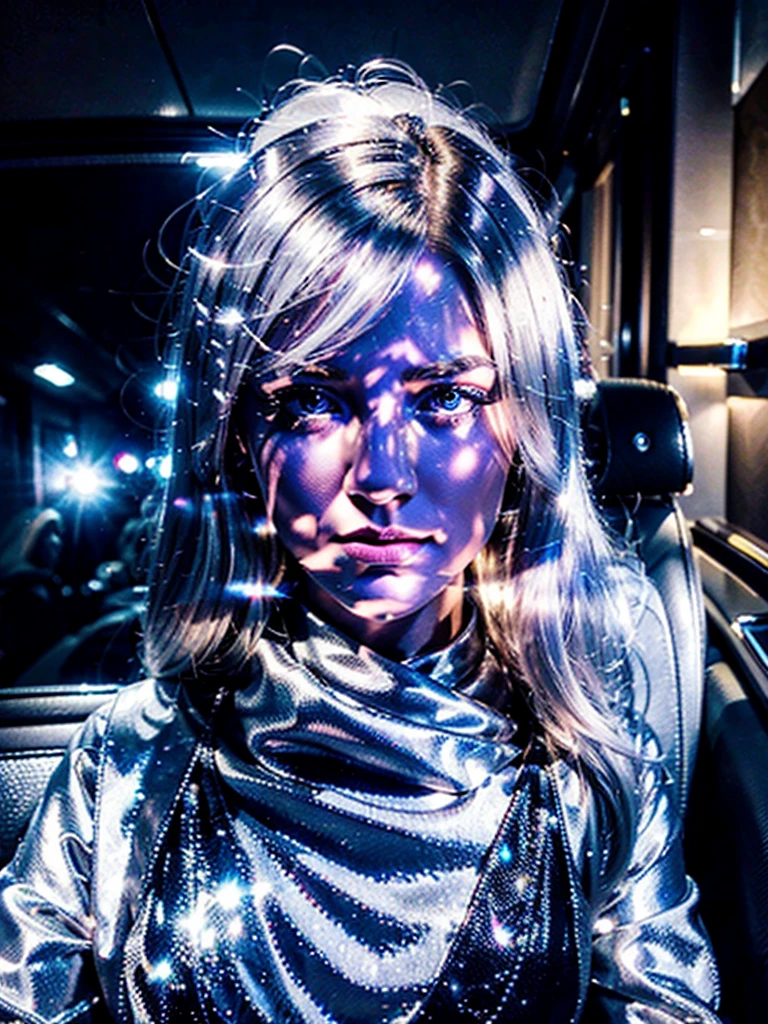 selfie sitting ((in a Rolls Royce Ghost)), best quality, 8k, 32k, masterpiece, UHD:1.2, , masterpiece, (..RAW), natural lighting, ((Best Quality)), ((Masterpiece)), (Detailed), Perfect Face, 1.1, Highly Detailed Face and Skin Structure, Detailede Augen, 21 Year Old Ukrainian Shatnek, Cute Vacation Pictures, Cute Modern , Cute Makeup , aesthetic photos on Instagram ,evening bodycon dress , (very straight platinum hair), closed mouth, (extremely detailed eyes),Jiggle Physics, (highly detailed skin), pale skin, photographed, ((filmic grain)), night city