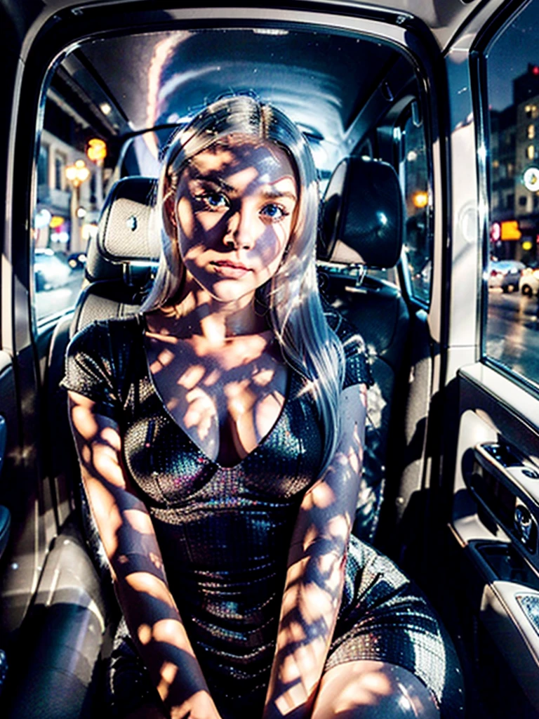 selfie sitting ((in a Rolls Royce Ghost)), best quality, 8k, 32k, masterpiece, UHD:1.2, , masterpiece, (..RAW), natural lighting, ((Best Quality)), ((Masterpiece)), (Detailed), Perfect Face, 1.1, Highly Detailed Face and Skin Structure, Detailede Augen, 21 Year Old Ukrainian Shatnek, Cute Vacation Pictures, Cute Modern , Cute Makeup , aesthetic photos on Instagram ,evening bodycon dress , (very straight platinum hair), closed mouth, (extremely detailed eyes),Jiggle Physics, (highly detailed skin), pale skin, photographed, ((filmic grain)), night city