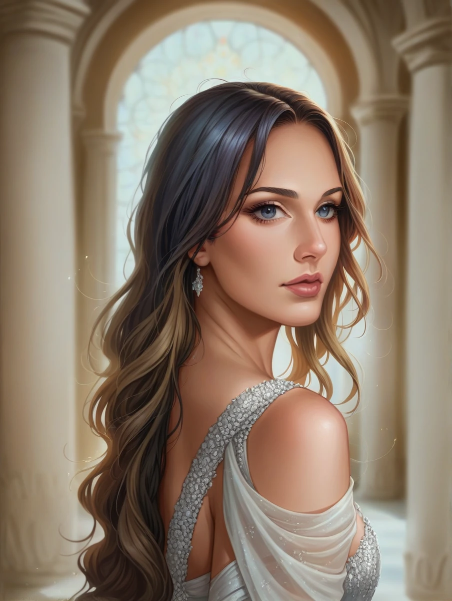 a beautiful queen, crown, ornate golden crown, regal, luxurious, intricate details, sparkling jewels, flowing hair, elegant dress, queenly pose, majestic, grand palace, sunlight, dramatic lighting, photorealistic, 8k, high resolution, masterpiece, cinematic, fantasy, magical, elegant, refined