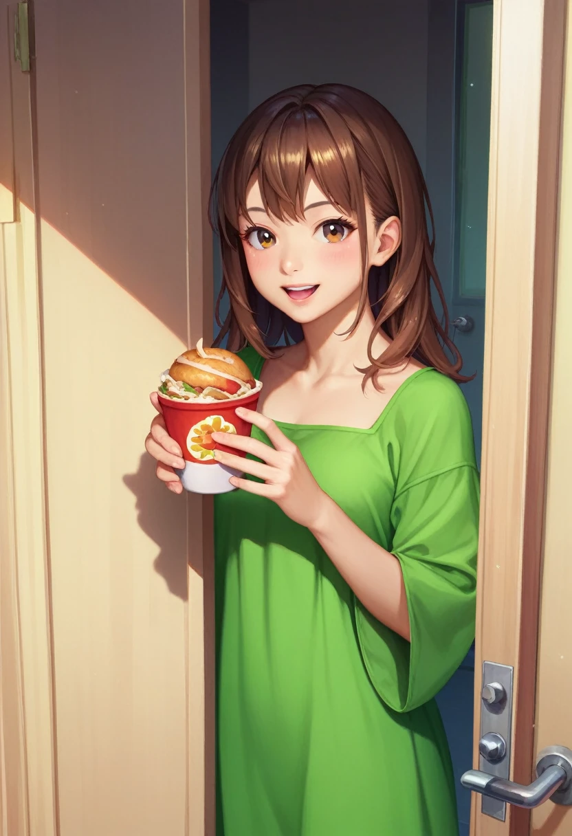 (masterpiece:1.2, 最high quality:1.1, High resolution,Absurd, high quality),(Realistic:1.1),reflected light, colorful,Super detailed, Ultra HD, Very detailed,
Yotsuya Miko, Open door, Yellow-green dress, Straight Hair, Brown Hair, Brown eyes,Seven-Eleven, (A look full of desire), holding fast food in both hands, One girl, Focus Only,