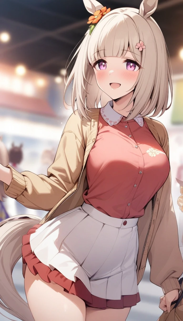 masterpiece, best quality, very aesthetic, absurdres, 1girl, mature_lady, ,1girl, happy meek \(umamusume\), umamusume, animal ears, horse ears, horse girl, hair ornament, shirt, tail, horse tail, hairclip, flower, hair flower,tsurime,Palafitos (Chile and Peru),blur background,background defocus