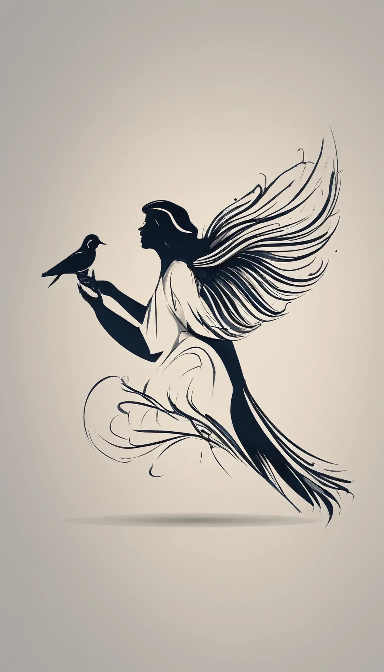 Create a modern, minimalistic logo design for a brand about music and movies called " Penamemoria". The logo must be in minimalistic style and convey a sense of storytelling. The logo is the silhouette of a boy and a bird. The boy is running with open arms, holding an acoustic guitar in the right hand and a bird feather in the left hand. Minimalistic logo design impressed on a book cover