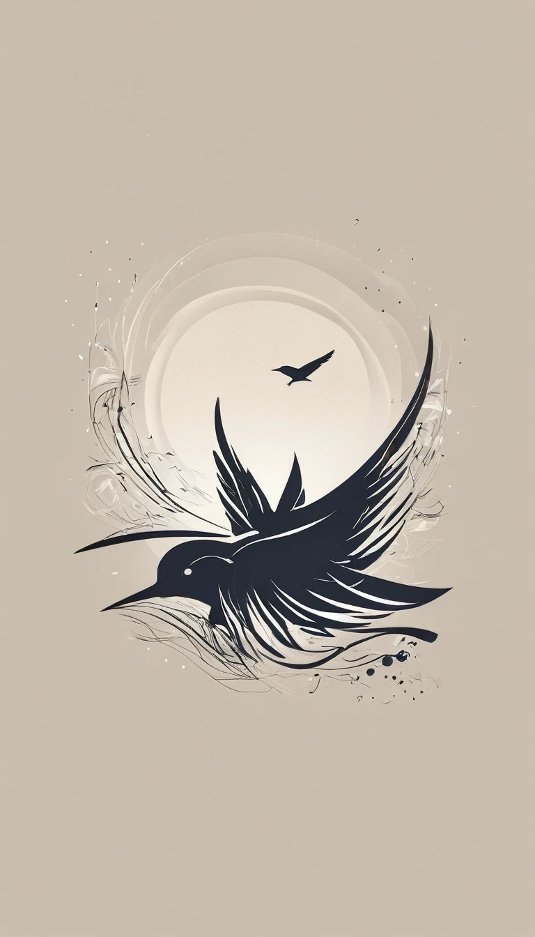 Create a modern, minimalistic logo design for a brand about music and movies called " Penamemoria". The logo must be in minimalistic style and convey a sense of storytelling. The logo is the silhouette of a boy and a bird. The boy is running with open arms, holding an acoustic guitar in the right hand and a bird feather in the left hand. Minimalistic logo design impressed on a book cover
